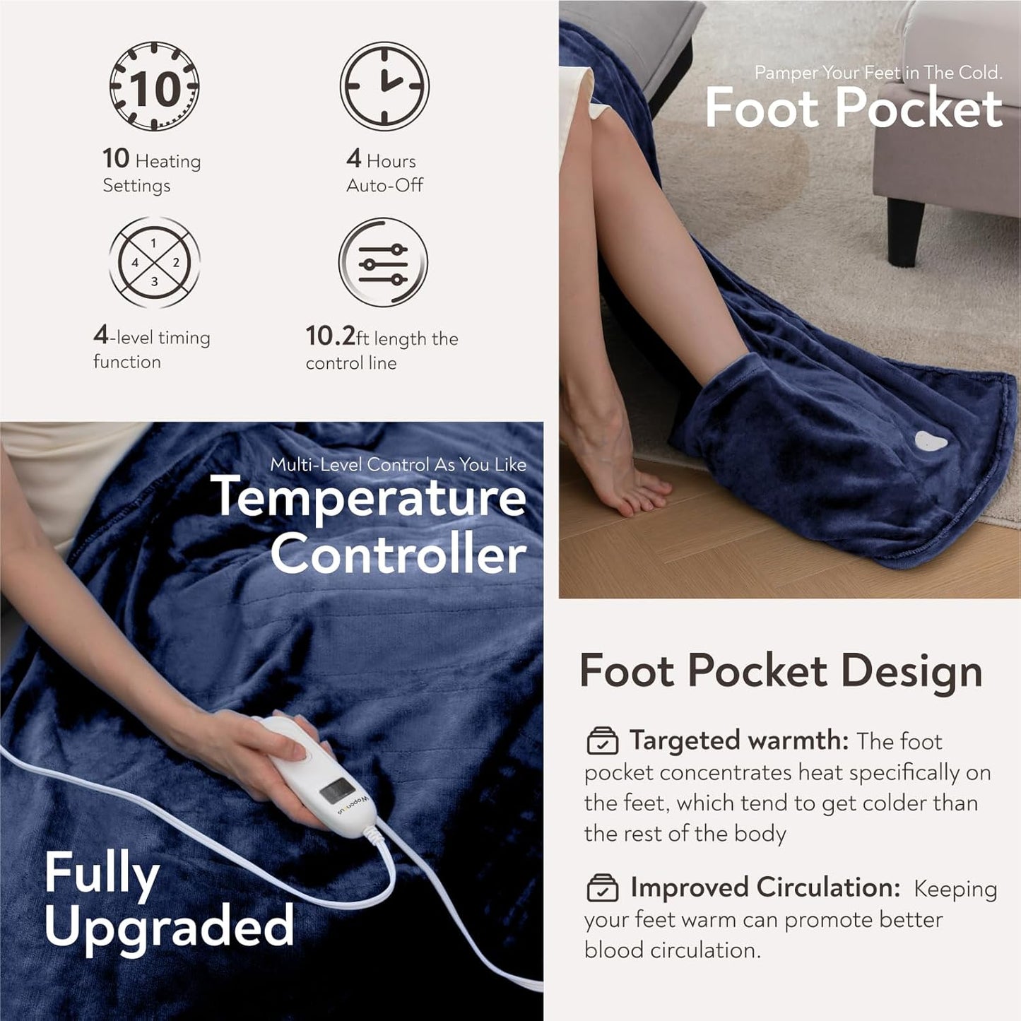 Wapaneus Foot Pocket Heated Blanket Electric Throw with 10 Heating Levels and 4 Timer Settings 4 Hours Auto Shut Off, Flannel Fast-Heating Heated Throw 50" x 60", Machine Washable, Dark Blue