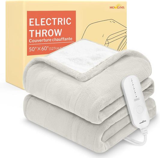 HOMLYNS LuxeHeat Heated Blanket Electric Blanket, Soft Flannel Sherpa Heated Throw, Heating Blanket with 5 Heat Settings, 3 hrs Timer Auto Shut Off (50x60 inches, Cream)