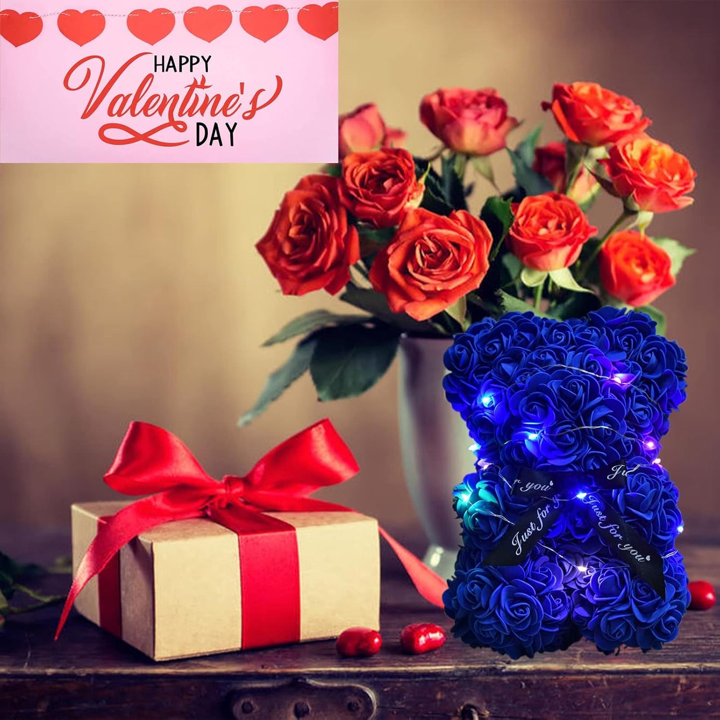 Artificial Rose Flower Bear,Perfect Romantic Gift for Her, Valentine's Mother's Day, Christmas, Birthday,Thanksgiving Party Anniversary Girl Friend Wife with Heart-Shaped Diamond,Sapphire Bule