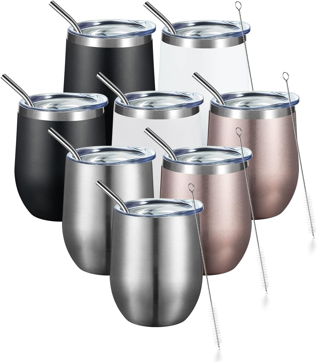 COMOOO Stainless Steel Wine Tumbler with Lid and Straw 12oz Double Wall Vacuum Insulated Travel Tumbler Cup for Coffee, Wine, Cocktails, Champagne (Black White Silver and Rose Gold,8 Pack)