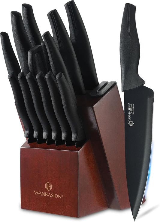 Wanbasion 15Pcs Kitchen Knife Block Set with Sharpener, Sharp Kitchen Knives Set with Block, Stainless Steel Knife Set with Block Dishwasher Safe Black