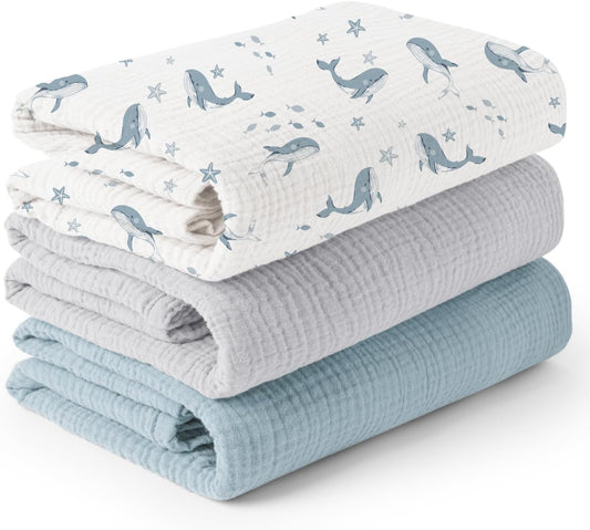Konssy 3 Pack Muslin Swaddle Blankets for Unisex, Newborn Receiving Blanket, Large 47 x 47 inches, Soft Breathable Muslin Baby Swaddles for Boys & Girls