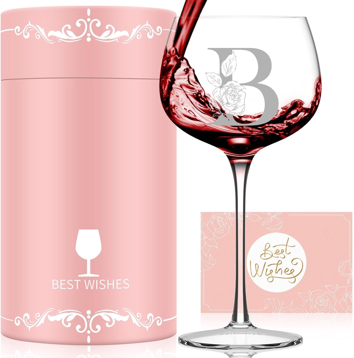 Personalized Gifts for Women, Monogrammed A-Z Wine Glass Customized Gift, Unique Christmas Birthday Gifts for Women Her Mom Friend Sister Wife Daughter Nurse (B)