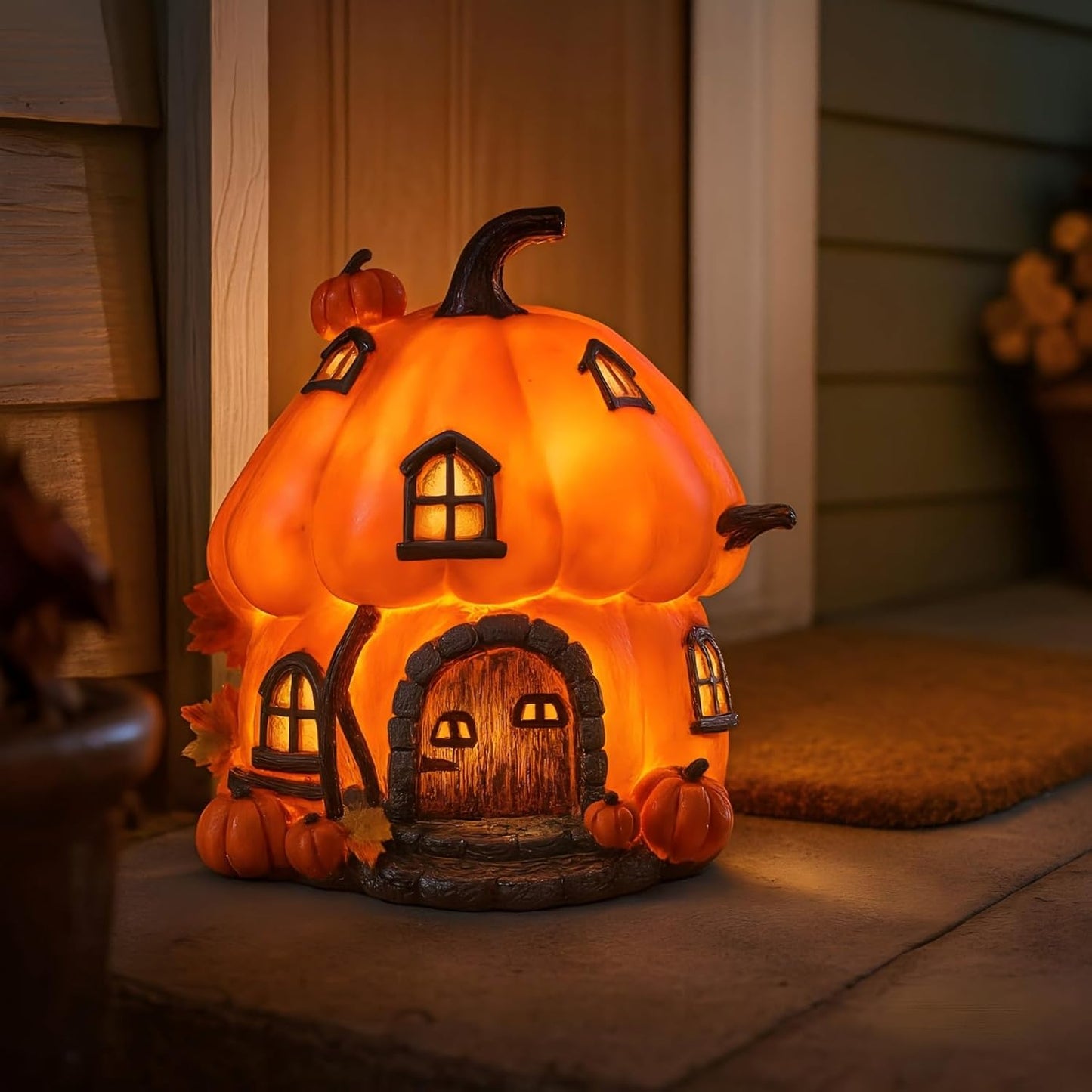 Bdor Fall Pumpkin House Decor with LED Light – 7.5"x6.7"x7.9" Harvest Pumpkin Figurine – Autumn Tabletop Decoration for Thanksgiving, Halloween, Indoor Outdoor Use