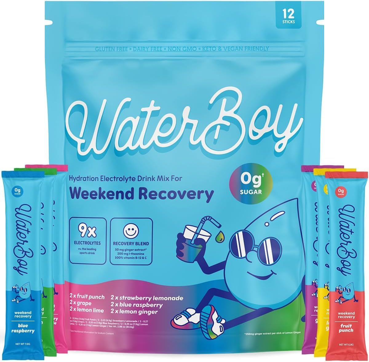 Waterboy Weekend Recovery Sample Pack | 3,200mg Electrolyte Powder Packets | Ginger + L-Theanine + Vitamins | No Sugar, All Natural, Gluten Free | 12 Drink Stick Mixes (Sample Pack)