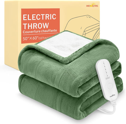 HOMLYNS LuxeHeat Heated Blanket Electric Blanket, Soft Flannel Sherpa Heated Throw, Heating Blanket with 5 Heat Settings, 3 hrs Timer Auto Shut Off (50x60 inches, Green)