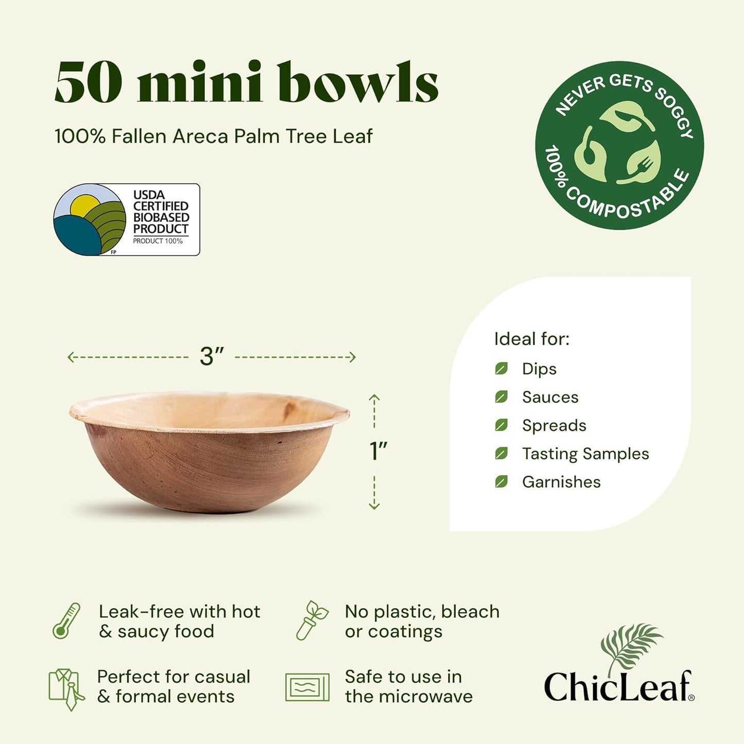 Chic Leaf Palm Leaf Bowls - Mini Disposable Bamboo Bowls for Parties, Event Appetizers - Biodegradable & Compostable Party Supplies (3'' Round - 50 Pack) - Bamboo Bowl