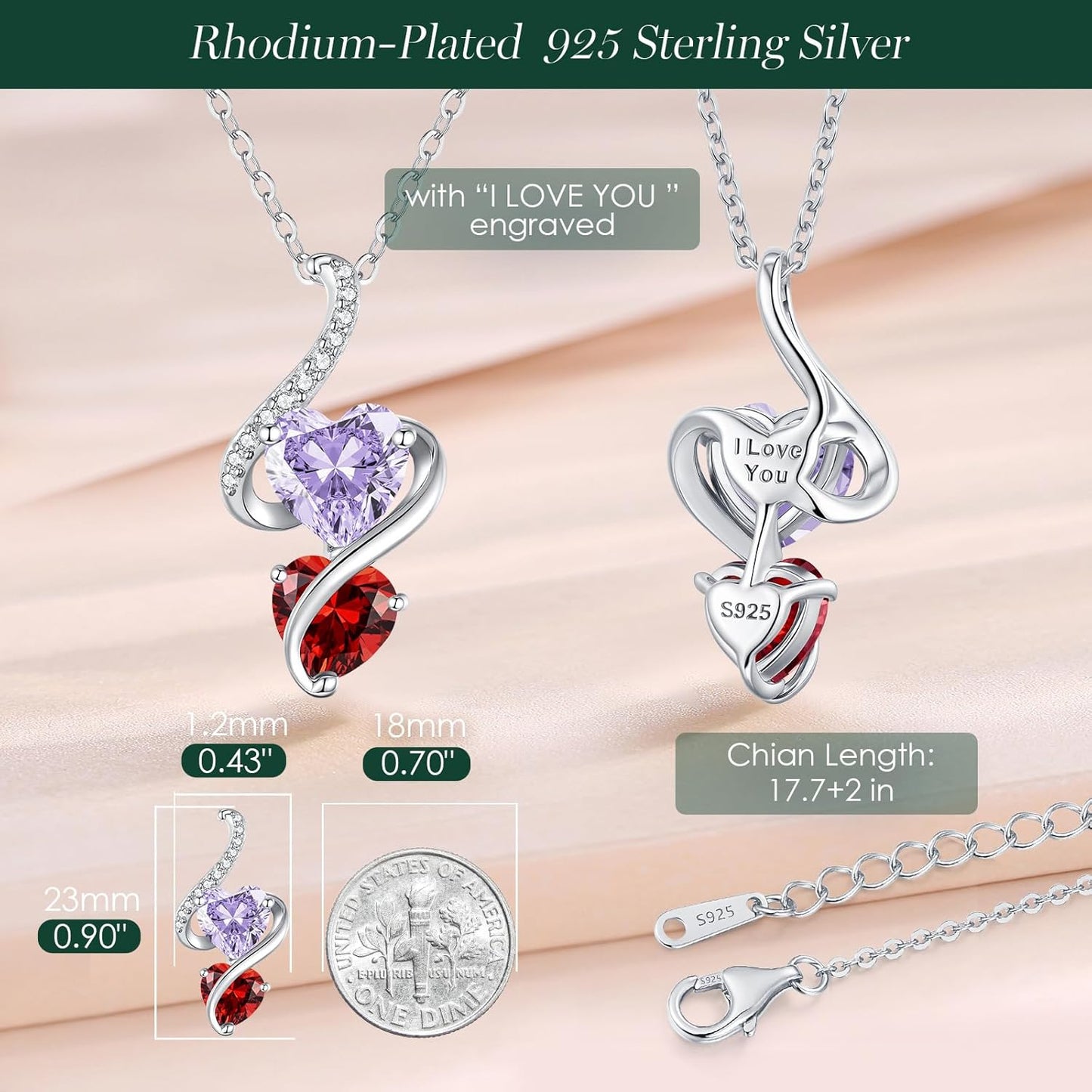 LOUISA SECRET Unique Double Heart Necklace Gifts for Wife Women, 925 Sterling Silver Tiny Birthstone Pendant Jewelry Gift for Her Girlfriend Mom Valentine's Day Anniversary Mother's Day Birthdays & Christmas