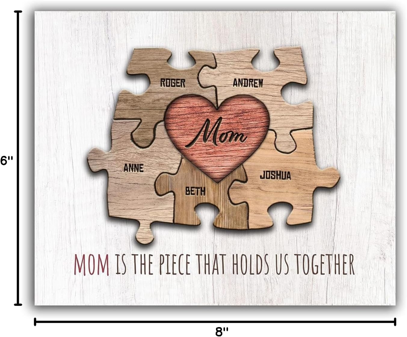 Personal-Prints MOM & Children Personalized HEART Puzzle Wall Art | Unique Customized with up to 8 Names | Mother’s Day, Birthday or Christmas Gift (11"x14" Stretched Canvas, 5 Children)