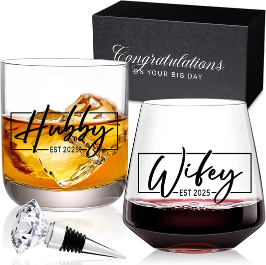 Wedding Gifts for Couples/bridal shower gifts, His and Hers Gifts,Whiskey Wine Glasses with Diamond Wine Stopper Set,hubby and wifey