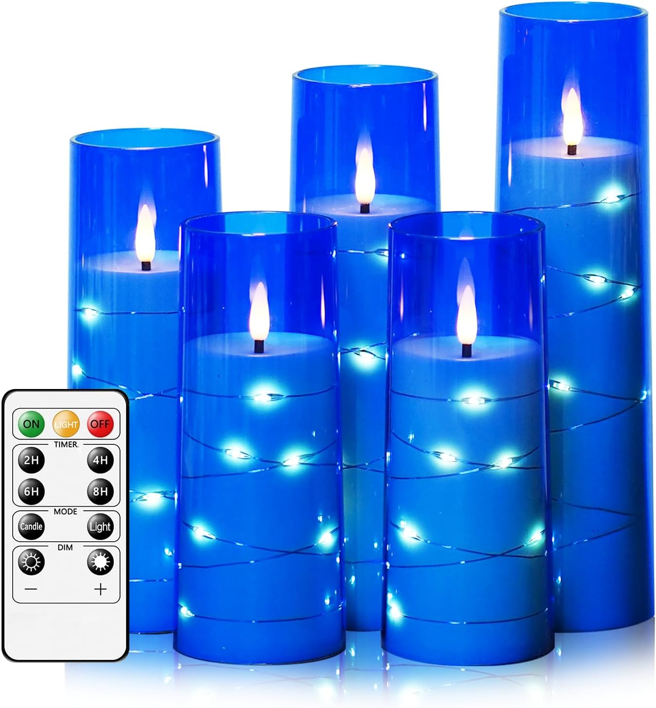 Flameless LED Candles with Timer 5 Pc Flickering Flameless Candles for Romantic Ambiance and Home Decoration Stable Acrylic Shell,with Embedded Star String,Battery Operated Candles(Blue)