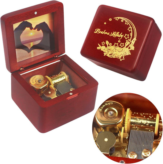 Sinzyo Natural Wooden Music Box with Customizable Photos Wind Up Musical Box Gifts for Christmas,Birthday and Valentine's Day(Character Wine Red, Tone:Brahms Lullaby)