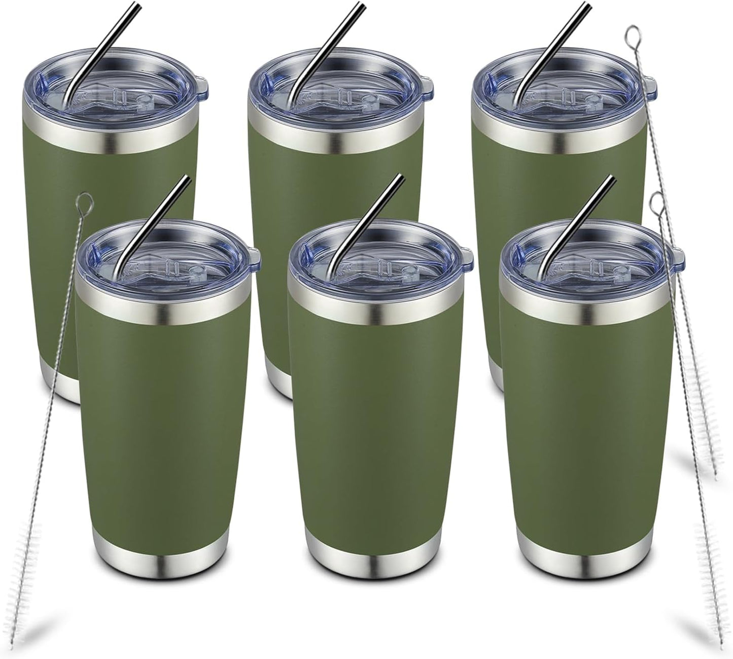 COMOOO 20oz Double Wall Vacuum Insulated Travel Mug, Stainless Steel Tumbler with Lid and Straw Durable Powder Coated Insulated Coffee Cup for Cold & Hot Drinks(Army Green, 6 Pack)