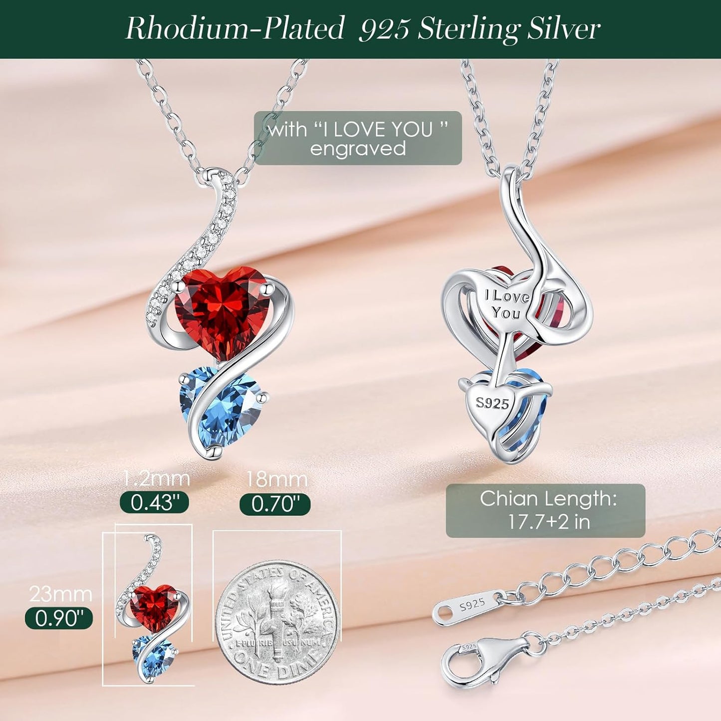 LOUISA SECRET Unique Double Heart Necklace Gifts for Wife Women, 925 Sterling Silver Tiny Birthstone Pendant Jewelry Gift for Her Girlfriend Mom Valentine's Day Anniversary Mother's Day Birthdays & Christmas