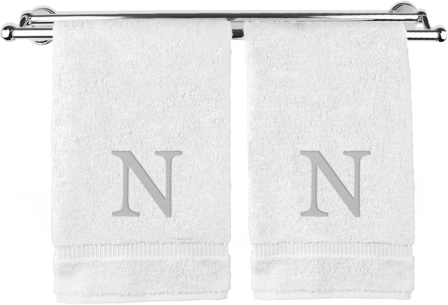 Monogrammed Hand Towel, Personalized Gift, Set of 2- Silver Block Letter Embroidered Towel - Extra Absorbent 100% Turkish Cotton - Soft Terry Finish - Initial N White