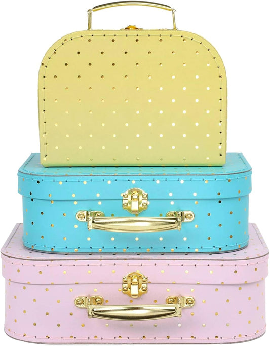 Jewelkeeper Decorative Storage Boxes Set of 3 - World Map Mini Suitcase Style Cardboard Suitcase with Brass Clasps and Handle - Ideal for Travel Decor, Event Props and Gift Presentation