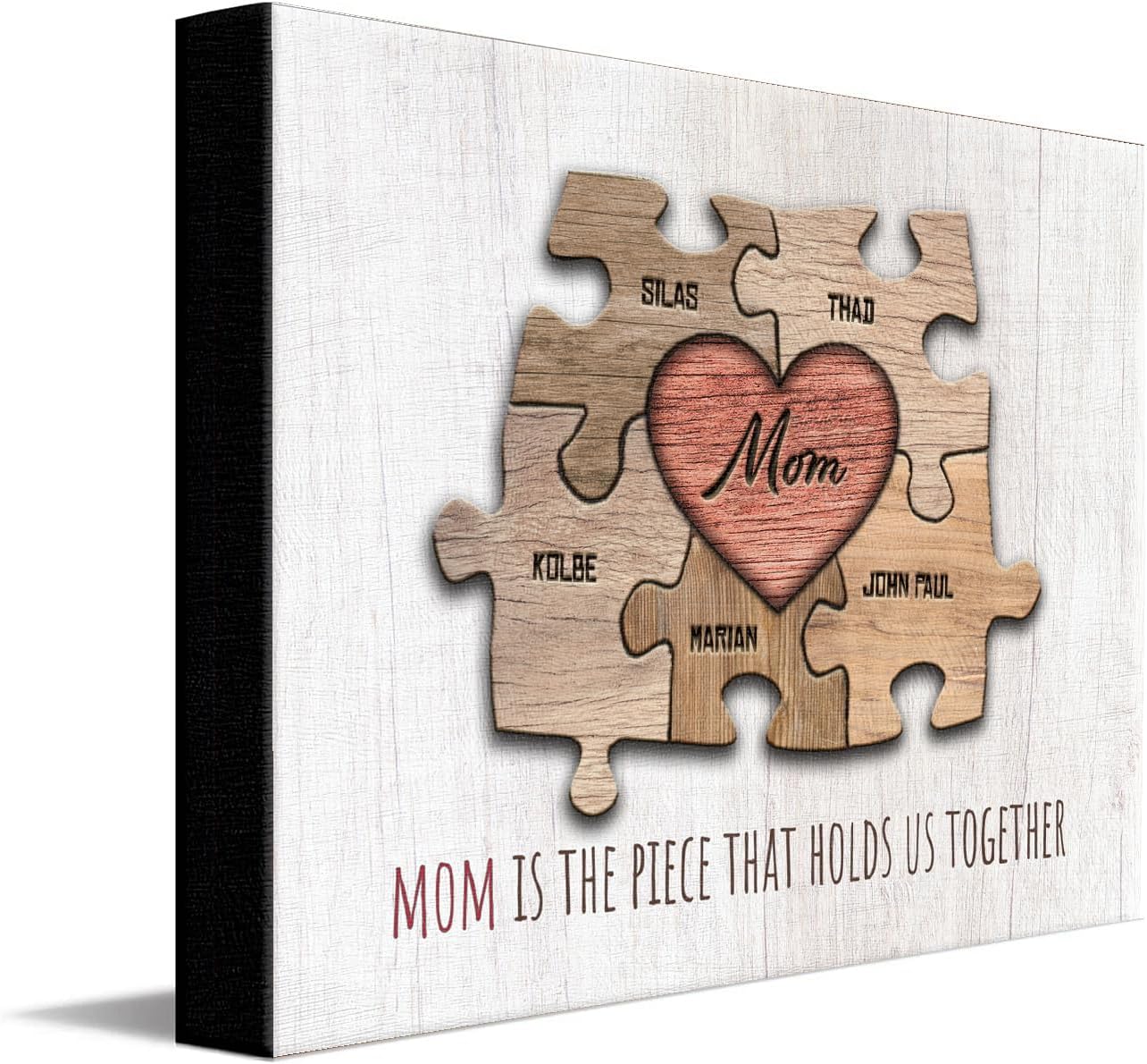 Personal-Prints MOM & Children Personalized HEART Puzzle Wall Art | Unique Customized with up to 8 Names | Mother’s Day, Birthday or Christmas Gift (16"x20" Stretched Canvas, 5 Children)