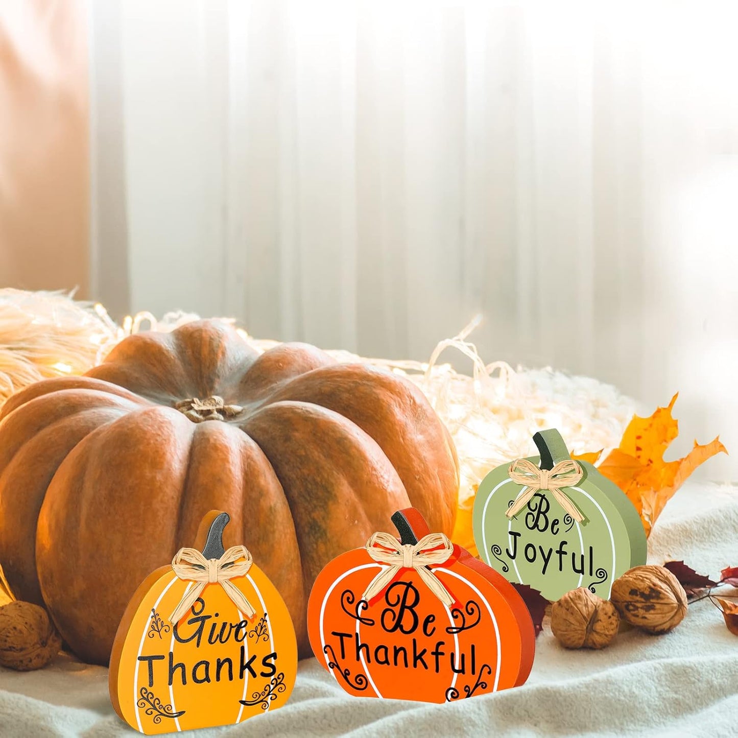 Gerrii 3 Pcs Fall Wooden Pumpkin Sign Fall Thankful Joyful Thanks Pumpkin Tiered Tray Decor Table Signs Harvest Thanksgiving Wood Block Sign for Home Party Halloween Decorations(Orange, Green, Yellow)