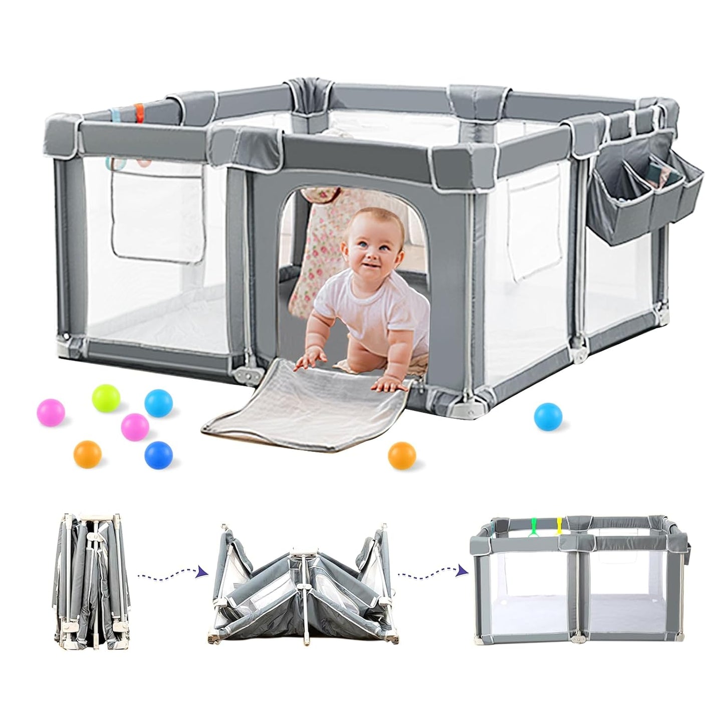 Foldable Baby Playpen 50"x50", Out-of-The-Box Ready Playpen for Babies and Toddlers, Portable Play Yard with Breathable Mesh & Gates, Storage Bag & 4 Handlers for Indoor & Outdoor