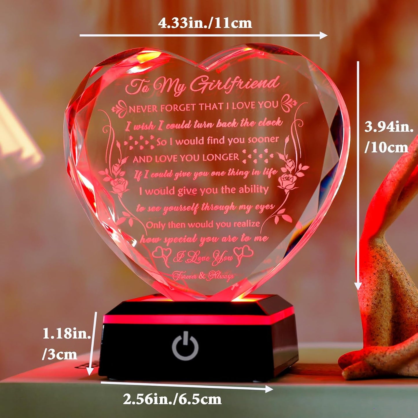 YWHL Gifts for Girlfriend with Colorful LED Base, Anniversary Birthday Gifts for Girlfriend from Boyfriend, Romantic Crystal Heart Keepsake Present for Her on Valentine Christmas