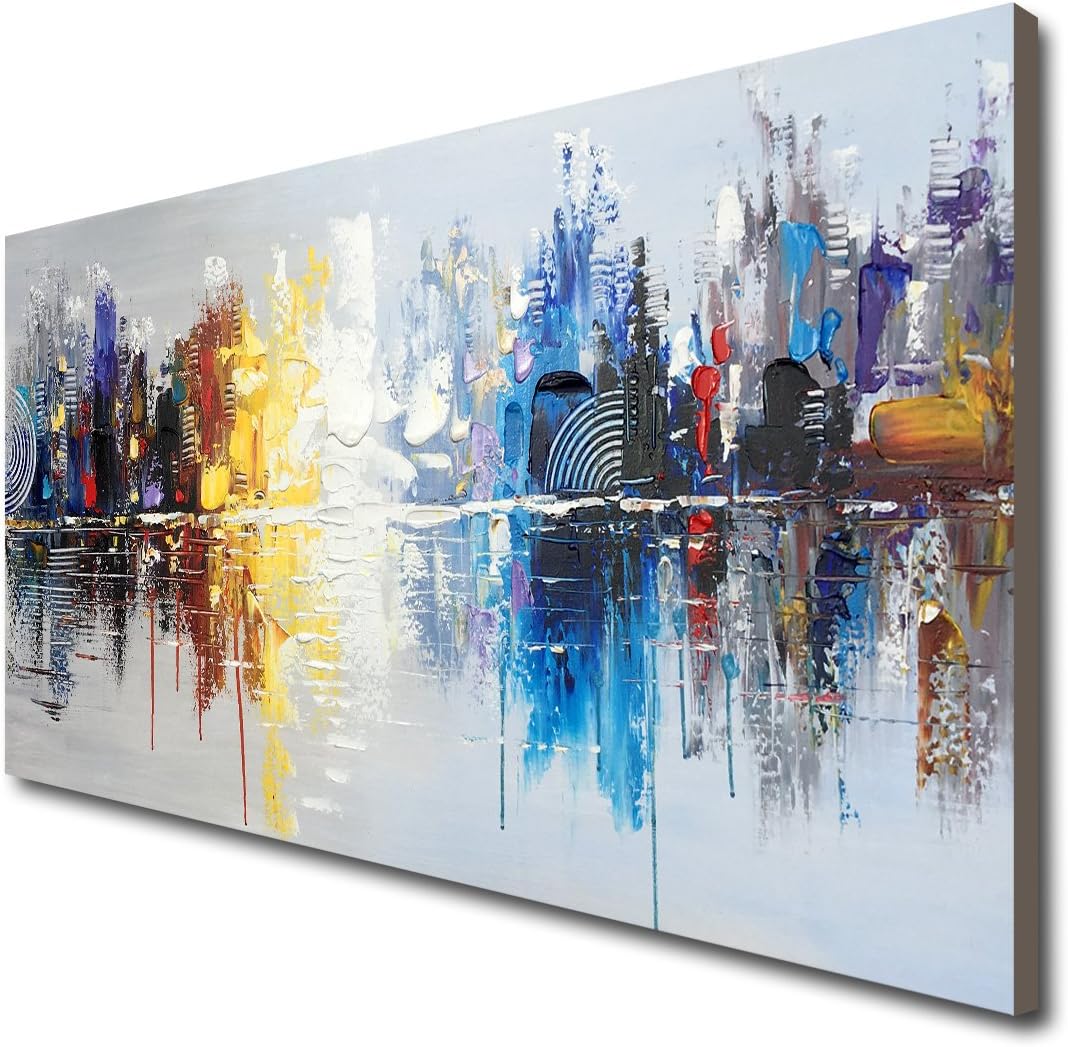 Hand Painted Cityscape Modern Oil Painting on Canvas Reflection Abstract Wall Art Decor (48 x 24 inch)