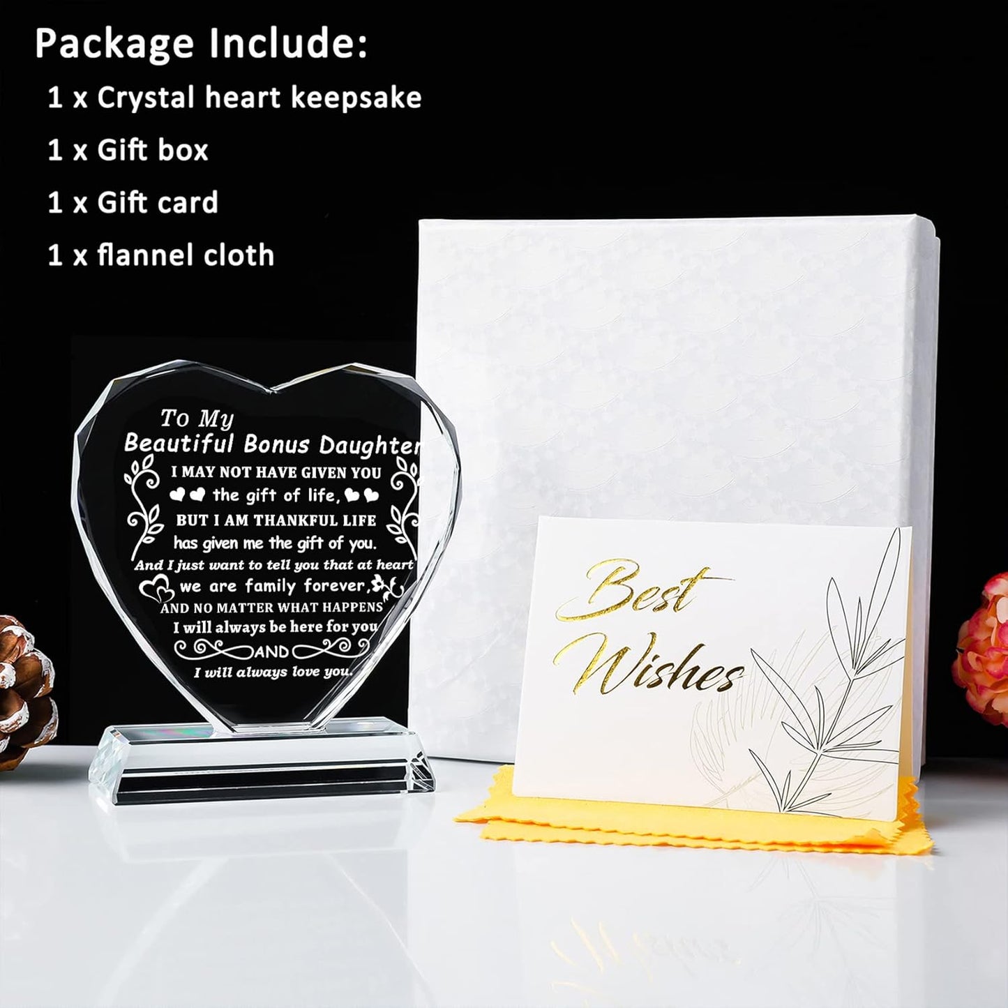 YWHL Bonus Daughter Gifts from Mom Dad, To My Bonus Daughter Heart Shaped Crystal Keepsake, Gifts for Stepdaughter from Stepmom Stepdad on Birthday Christmas Graduation