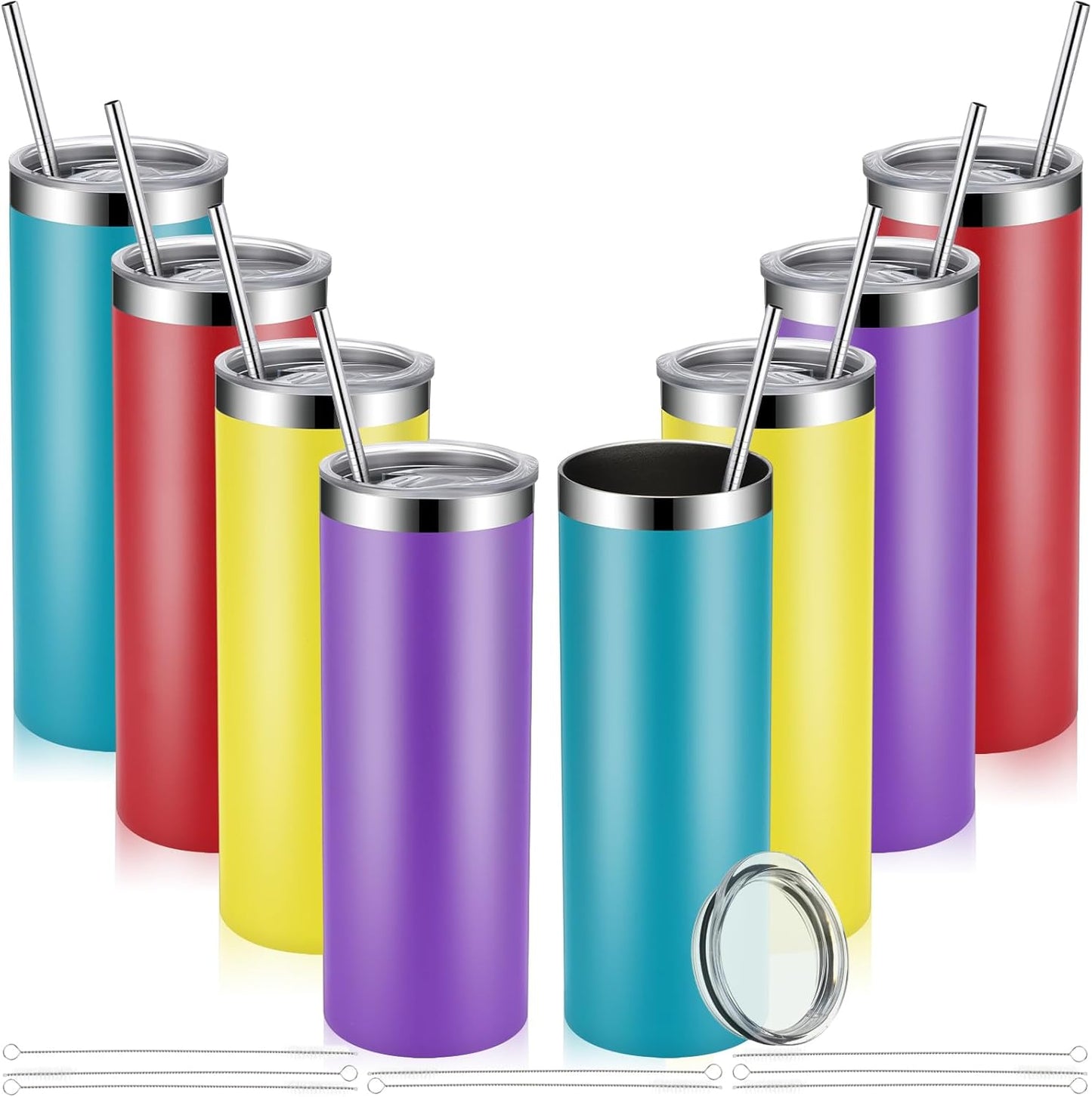 Skinny Tumblers Bulk 20 oz Stainless Steel with Lids and Straws Blank Slim Insulated Cup Double Layer Water Cups for Travel, DIY(Green, Yellow, Purple, Red,8 Pcs)