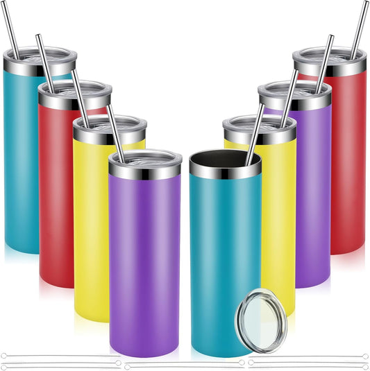 Skinny Tumblers Bulk 20 oz Stainless Steel with Lids and Straws Blank Slim Insulated Cup Double Layer Water Cups for Travel, DIY(Green, Yellow, Purple, Red,8 Pcs)