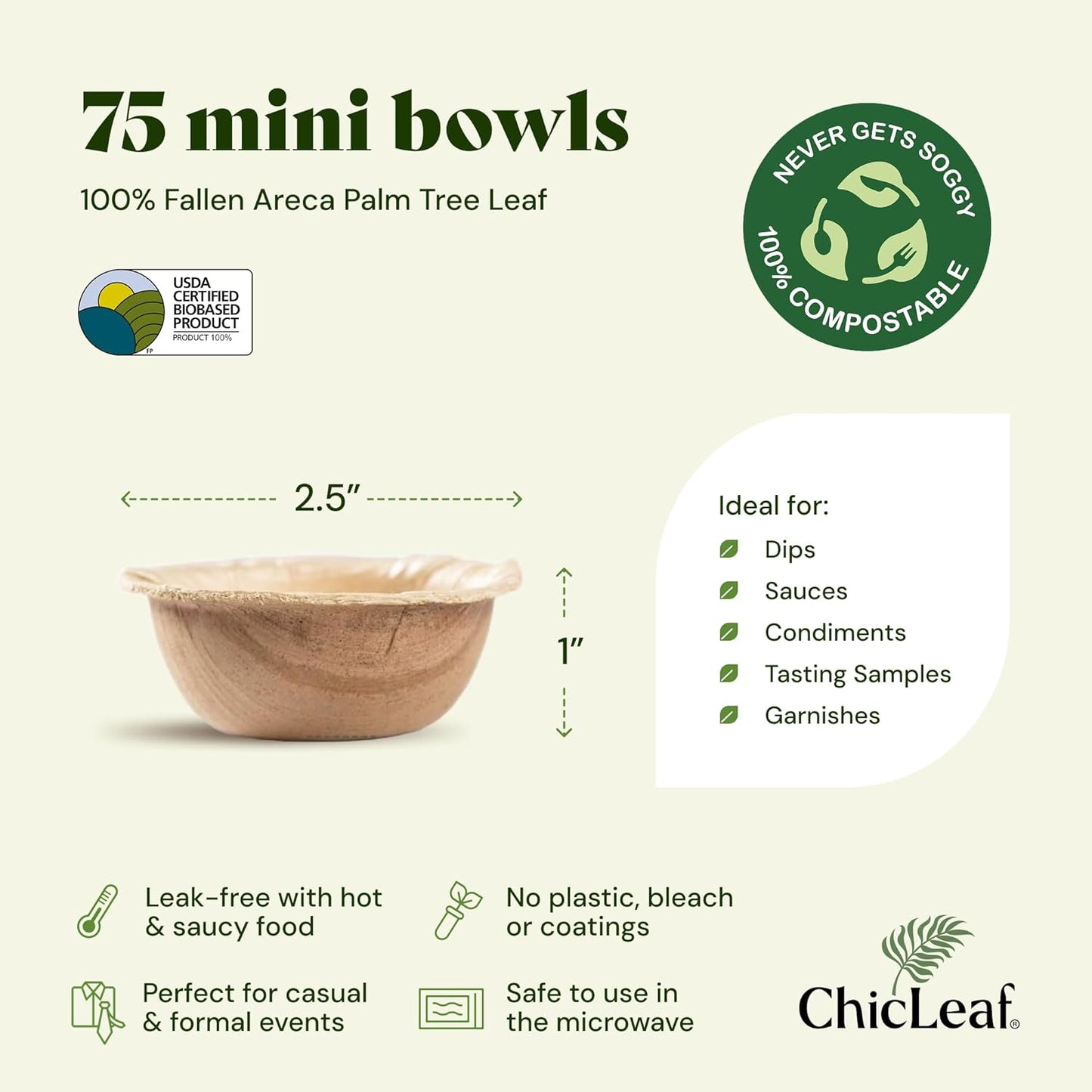 Chic Leaf Palm Leaf Bowls - Mini Disposable Bamboo Bowls for Parties, Event Appetizers, Dessert Cups - Biodegradable & Compostable Party Supplies (2.5'' Round - 75 Pack)