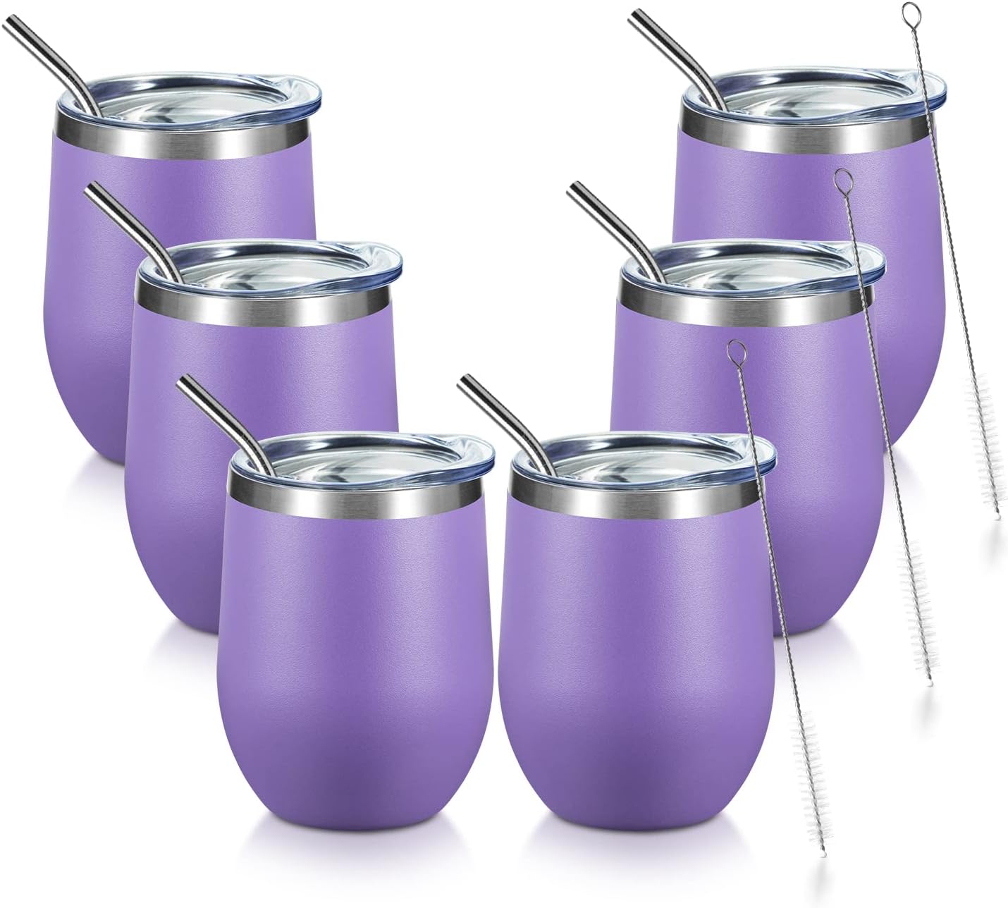 COMOOO Stainless Steel Wine Tumbler Bulk with Lid and Straw 12oz Double Wall Vacuum Insulated Travel Tumbler Cup Stemless for Hot and Cold Drinks, Coffee, Wine, Cocktails (Light Purple, 6 Pack)