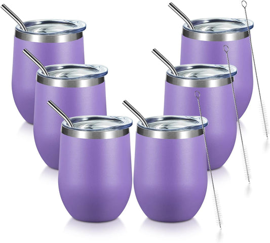COMOOO Stainless Steel Wine Tumbler Bulk with Lid and Straw 12oz Double Wall Vacuum Insulated Travel Tumbler Cup Stemless for Hot and Cold Drinks, Coffee, Wine, Cocktails (Light Purple, 6 Pack)