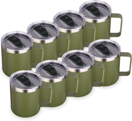 Volhoply 14oz Insulated Stainless Steel Coffee Mug with Lid Bulk 8 Pack,Double Wall Vacuum Travel Coffee Cup with Handle,Reusable Cups Tumbler,Camping Mugs Keep Hot, Ideal Gifts(Army Green,8)