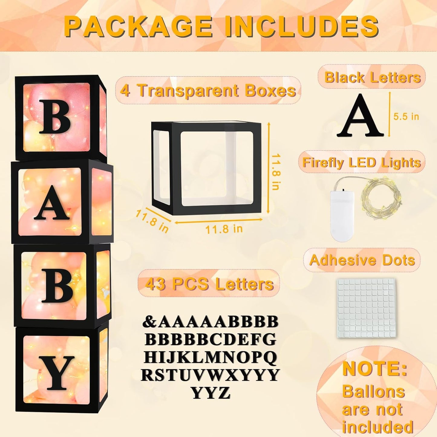 Ledido Baby Boxes with Letters for Baby Shower Decorations, 4 Pcs Transparent Balloon Boxes Blocks with Fairy String Lights, Clear Balloon Boxes for Boy Girl Gender Reveal Party Backdrop (Black)