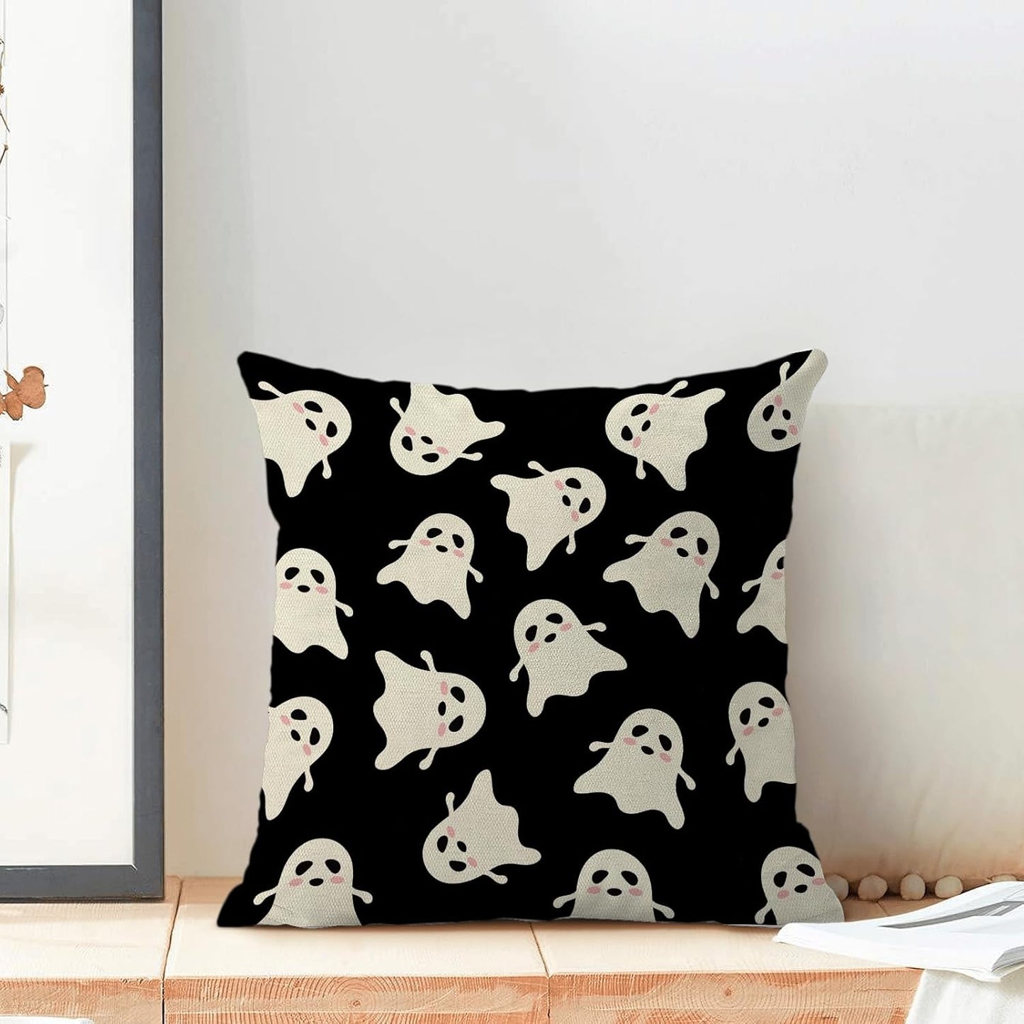 Halloween Decor Pillow Covers 18x18 Pack of 2 Black Beige Cute Ghost Throw Pillow Covers Outdoor Decoration,Fall Holiday Ghost Pillowcase Linen Decorative Cushion Case for Home Sofa Couch