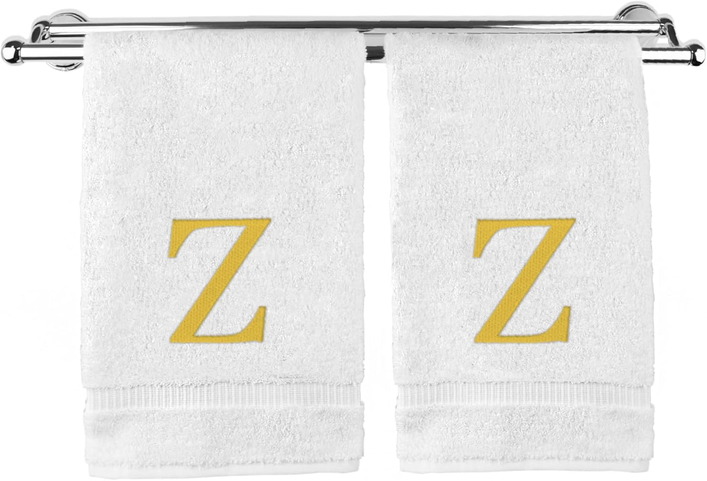 Monogrammed Hand Towel, Personalized Gift, Set of 2- Gold Block Letter Embroidered Towel - Extra Absorbent 100% Turkish Cotton - Soft Terry Finish - Initial Z White
