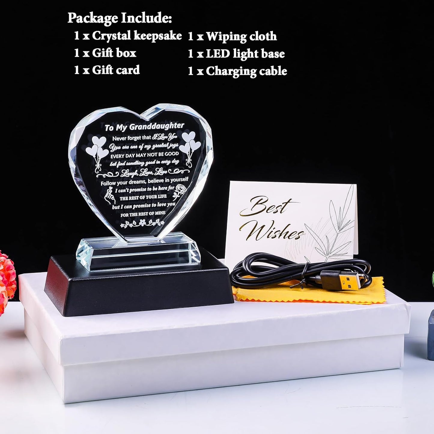 YWHL Granddaughter Gifts from Grandma Grandpa Birthday Gifts for Granddaughter Crystal Keepsake with Colorful Base Meaningful Gift for Granddaughters from Nana on Christmas Wedding Graduation