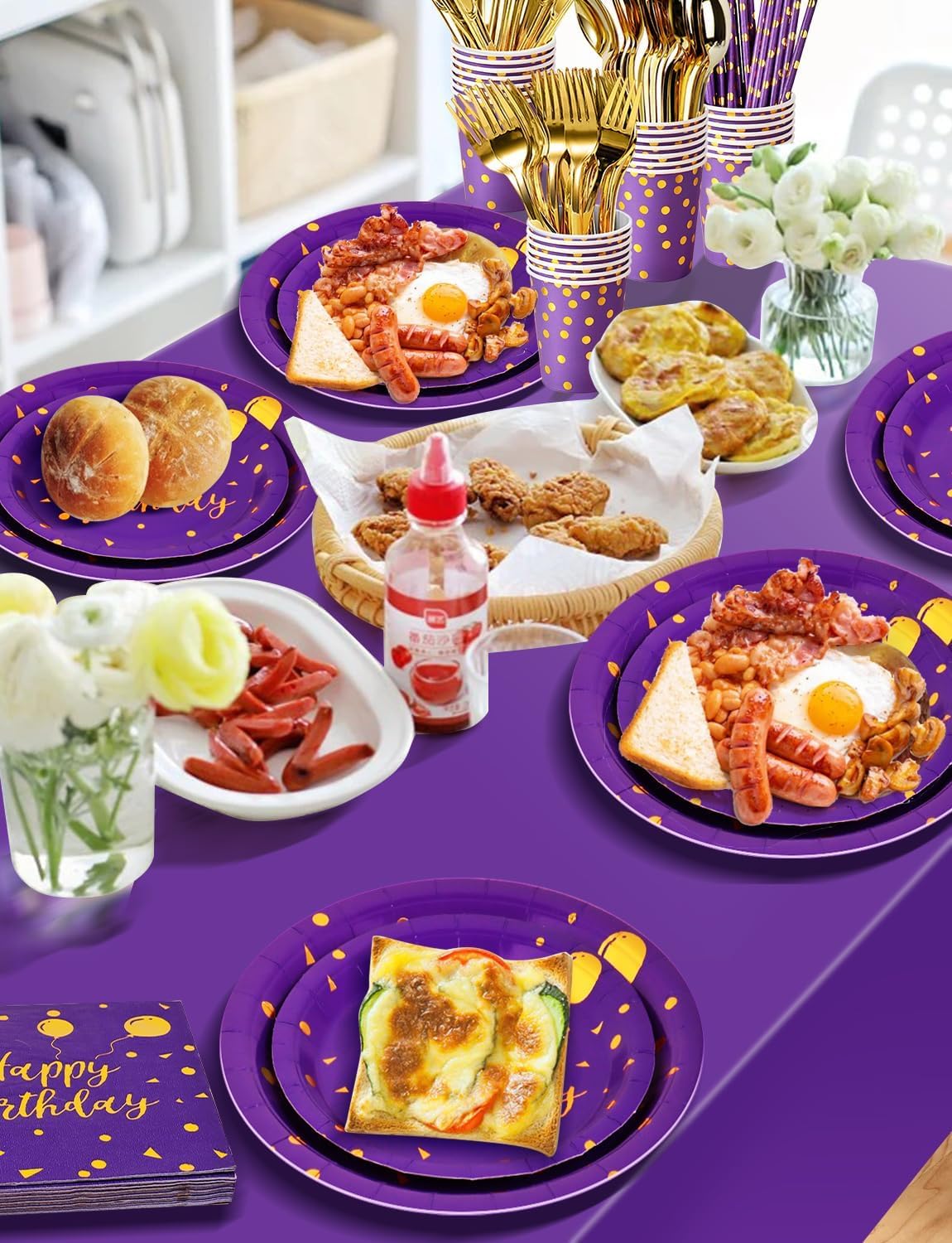 Birthday Party Tableware, 161 Pieces Purple Gold Party Supplies, Dinnerware Sets Include Paper Plates Napkins Cups Silverware, for Shower Engagement Parties Decoration -20 Serves