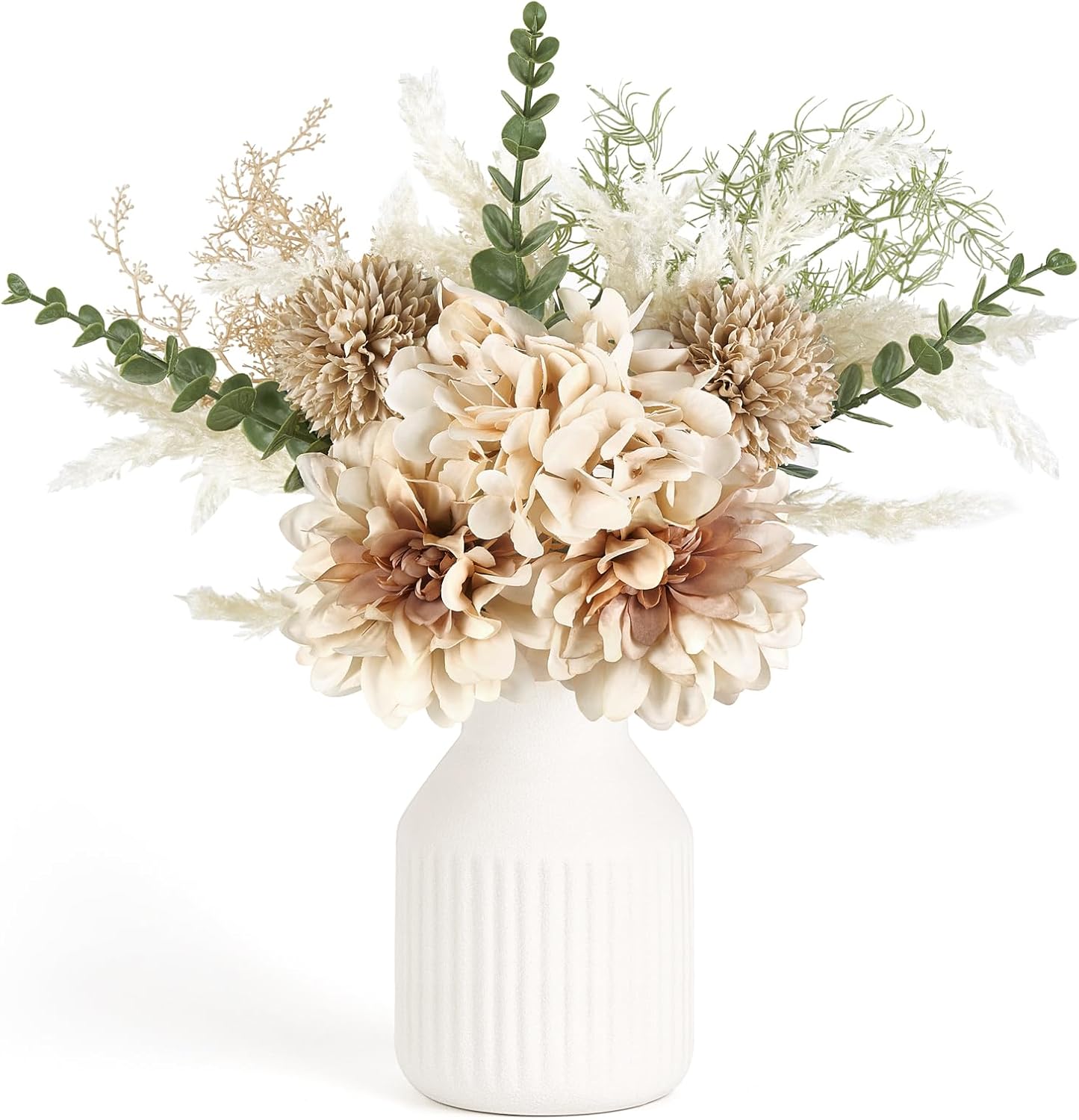 Mkono Small Artificial Flowers in Ceramic Vase Centerpieces Coffee Table Decor, Silk Flower Arrangements for Home Decor Indoor Fake Flower Bouquet for Bathroom Dining Room Kitchen (Brown, Medium)