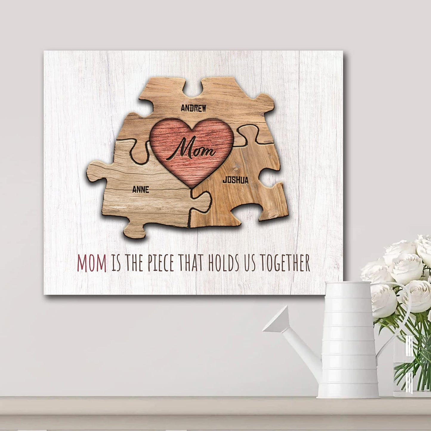 Personal-Prints MOM & Children Personalized HEART Puzzle Wall Art | Unique Customized with up to 8 Names | Mother’s Day, Birthday or Christmas Gift (11"x14" Stretched Canvas, 3 Children)