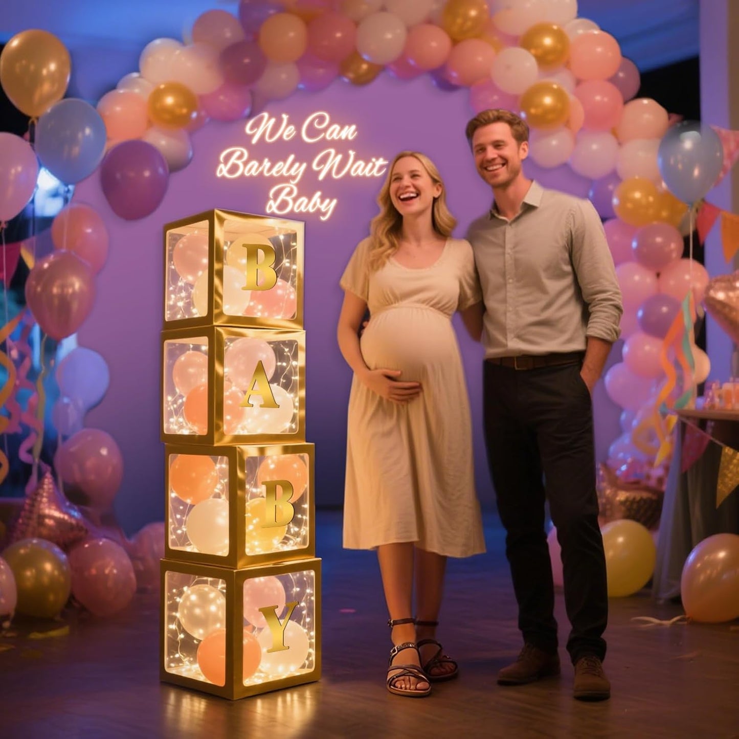 Ledido Baby Boxes with Letters for Baby Shower Decorations, 4 Pcs Transparent Balloon Boxes Blocks with Fairy String Lights, Clear Balloon Boxes for Boy Girl Gender Reveal Party Backdrop (Gold)