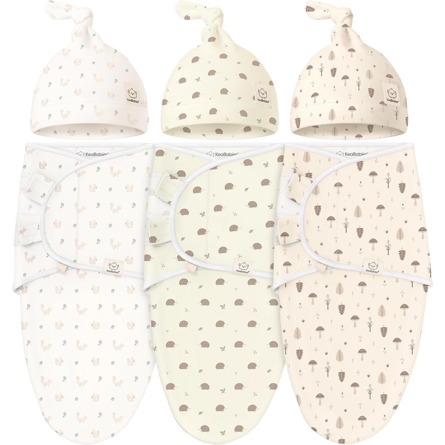 KeaBabies 3-Pack Swaddles for Newborns, Girls, Boys with Hats - Organic Soft Baby Sleep Sacks, Breathable Baby Swaddle 3-6 Months Beanies Set, Premie Infant Sleep Sack 0-3 Months (Nibbles/Bruce)