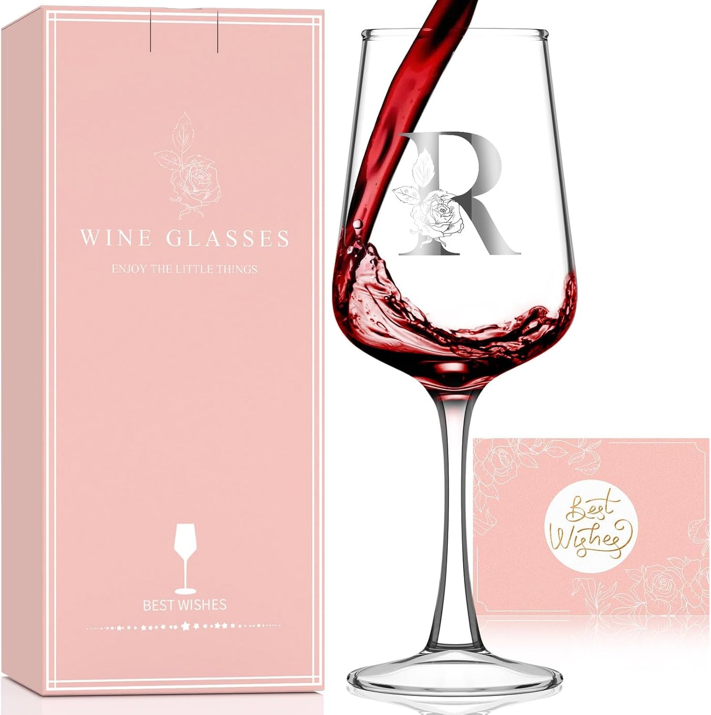 Monogrammed Wine Glass Gifts for Women - Personalized A-Z Wine Glasses with Gift Box & Greeting Card | Custom Mothers day, Anniversary, Birthday Gifts for Her, Mom, Wife, Best Friend, Sister,Woman (R)
