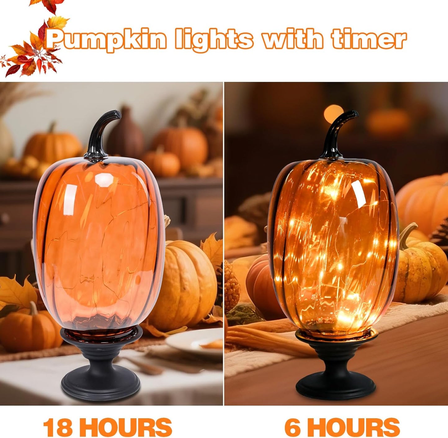 Glass Pumpkin Lights with Warm Yellow LED String, Set of 2 – 13.4” & 11.8” Tall Amber Glass Pumpkins for Fall, Halloween, Thanksgiving Table Centerpiece, Indoor Autumn Home Decor