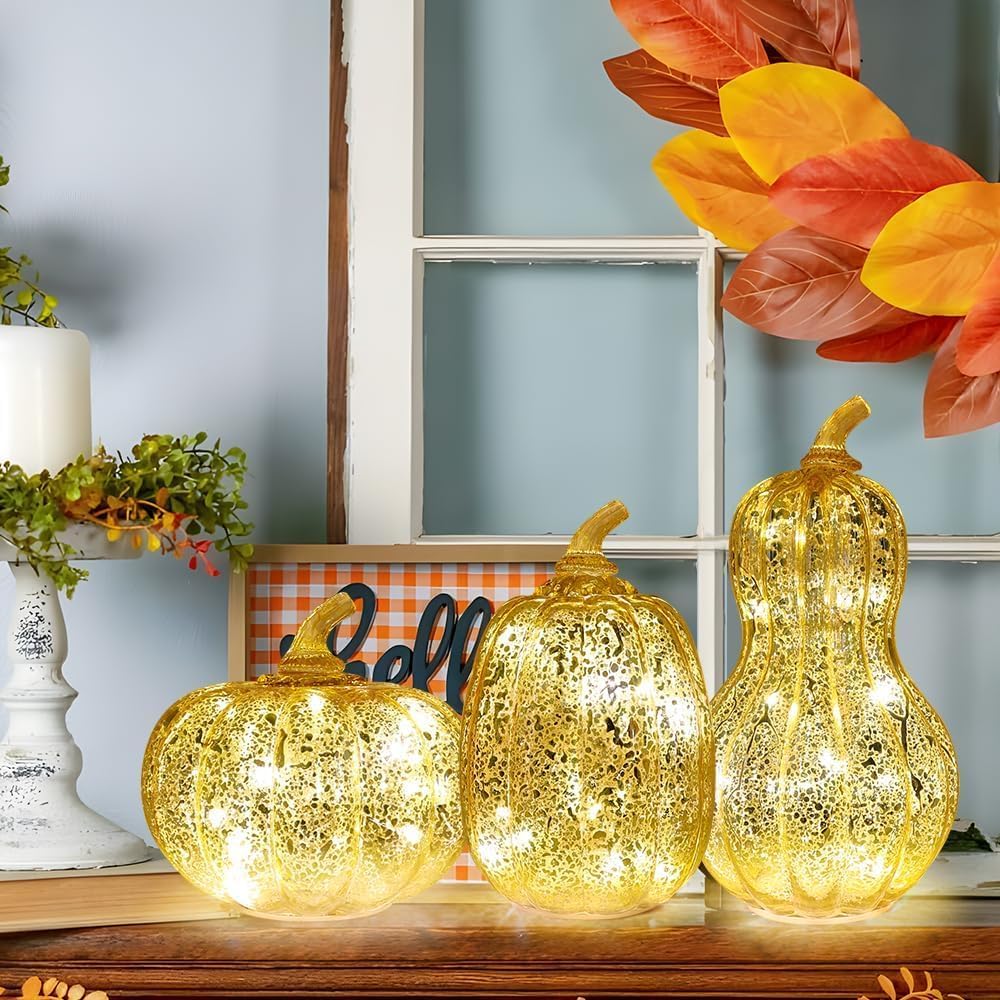 NEEDOMO Lighted Glass Pumpkin Decor, Set of 3 Gold Mercury Glass Pumpkins with Lights and Timer for Fall Thanksgiving Decorations, LED Collectible Figurines Fall Centerpiece for Tables Home