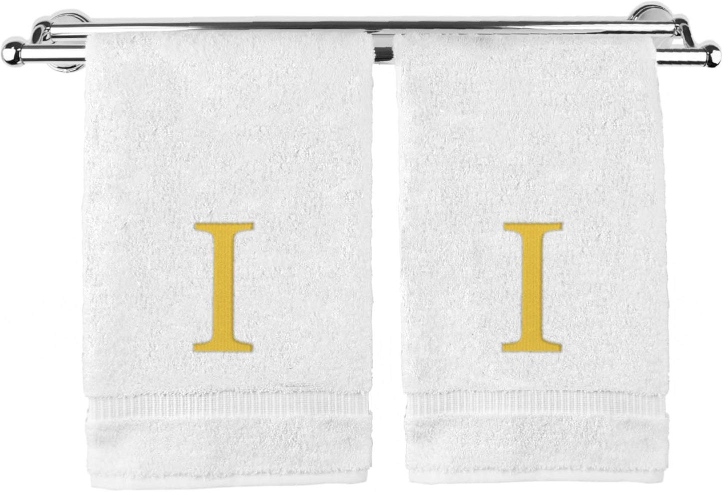 Monogrammed Hand Towel, Personalized Gift, Set of 2- Gold Block Letter Embroidered Towel - Extra Absorbent 100% Turkish Cotton - Soft Terry Finish - Initial I White