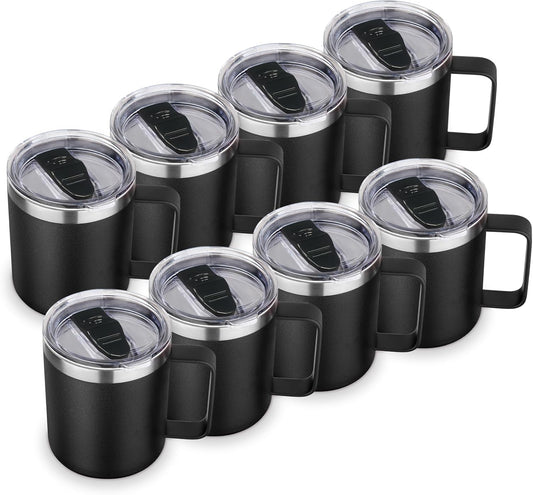 Volhoply 14oz Insulated Stainless Steel Coffee Mug with Lid Bulk 8 Pack,Double Wall Vacuum Travel Coffee Cup with Handle,Reusable Metal Cups Tumbler,Camping Mugs Keep Hot,Ideal Gifts(Black,8)