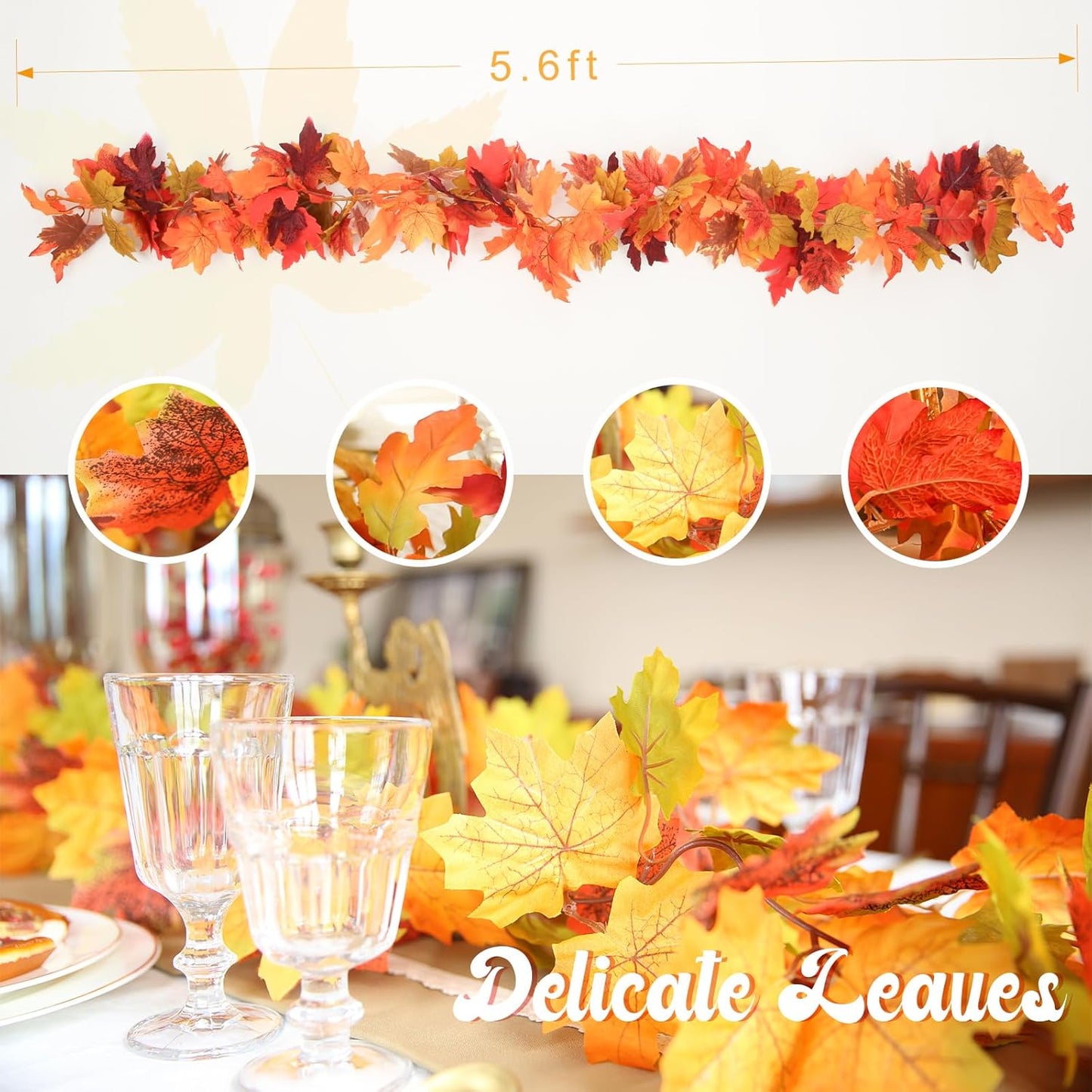 Joyhalo 6 Pack Fall Garland, Maple Leaves Garland Indoor Outdoor Fall Decor,Hanging Maple Leaves for Mantle,Door Frame,Fireplace and Thanksgiving Decor