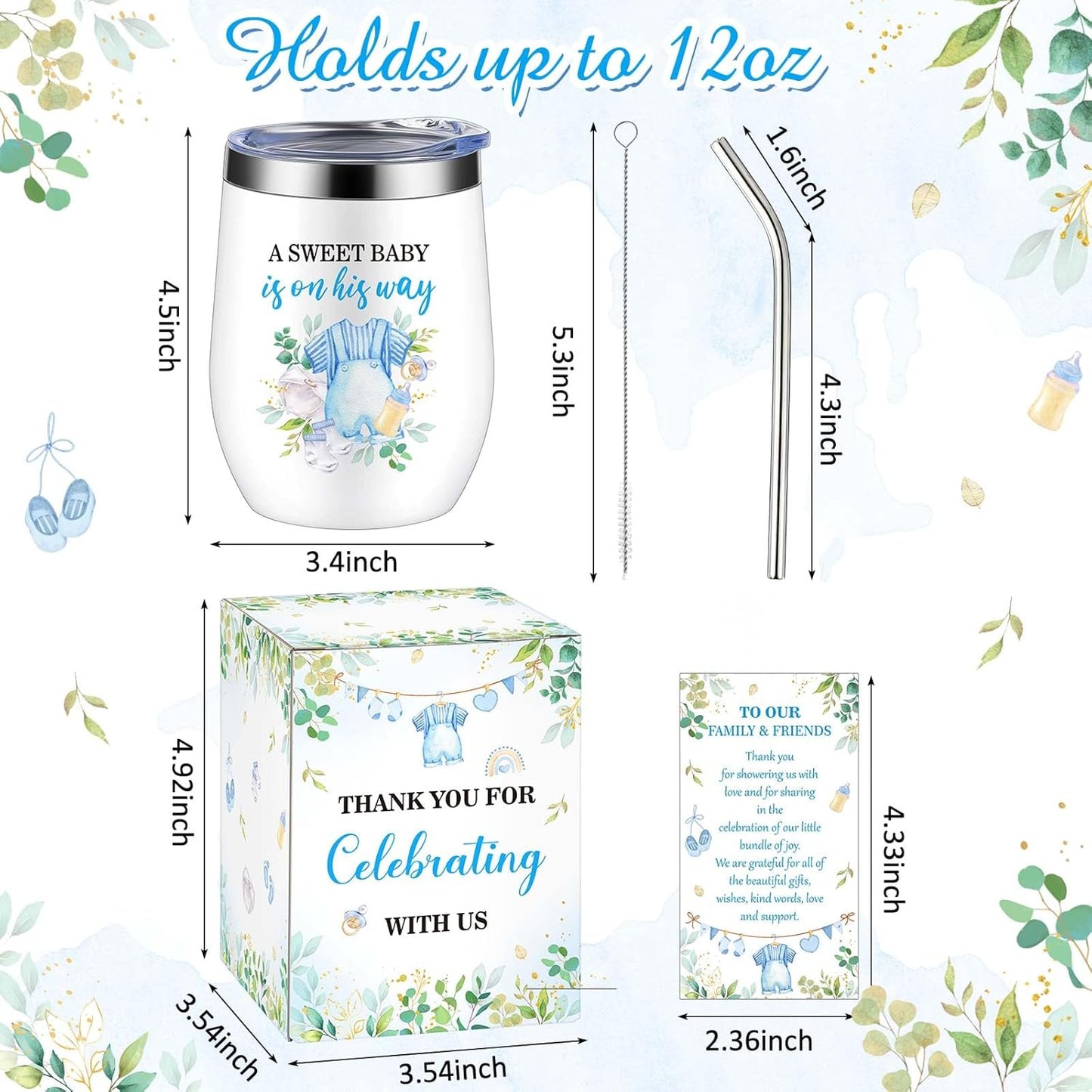 Hoolerry 6 Set Baby Shower Game Prizes for Guests Winners 12 oz Insulated Stainless Steel Tumbler Cup with Lids, Straws, Cleaning Brush, Cards & Boxes Return Gifts(Blue-green,Boy, Greenery)
