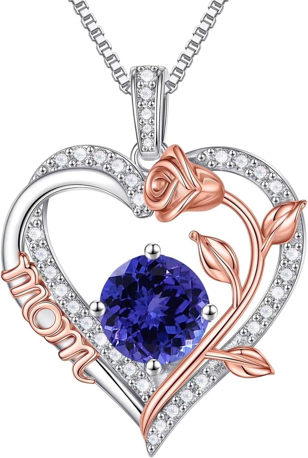 Iefil Gifts for Mom - 925 Sterling Silver Rose Round Birthstone Necklace Christmas Birthday Gifts Jewelry for Her Heart Pendant Necklace for Women Bonus Mom Mother in Law