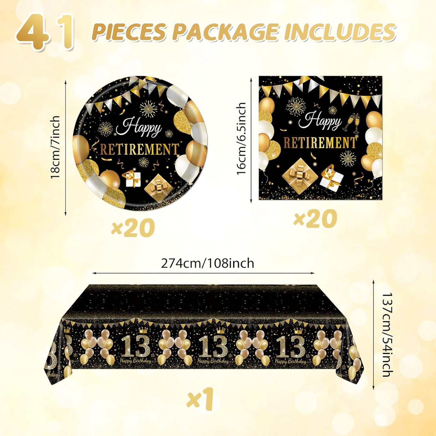41Pcs 13th Birthday Decorations for Boy Girls, Black Gold 13 Year Old Tableware Decorations include Happy Birthday Plates Napkins Tablecloth for Official Teenager 13th Birth Party Favor